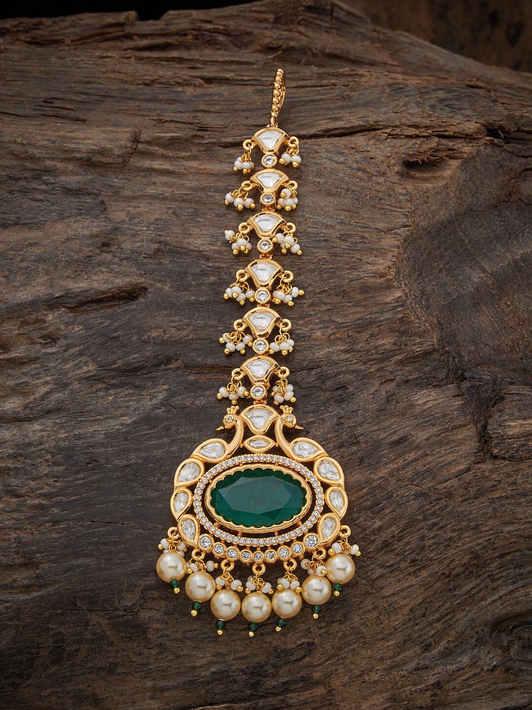 

Kushal's Fashion Jewellery Kundan-Studded & Pearl Beaded Maang Tikka, Green
