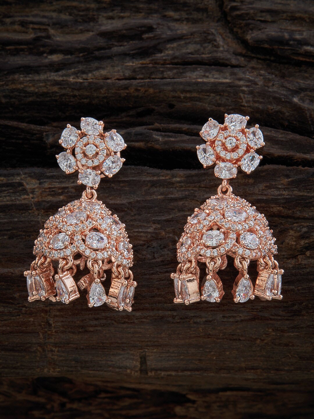 

Kushal's Fashion Jewellery Rose Gold-Plated Cubic Zirconia Contemporary Jhumkas Earrings, White