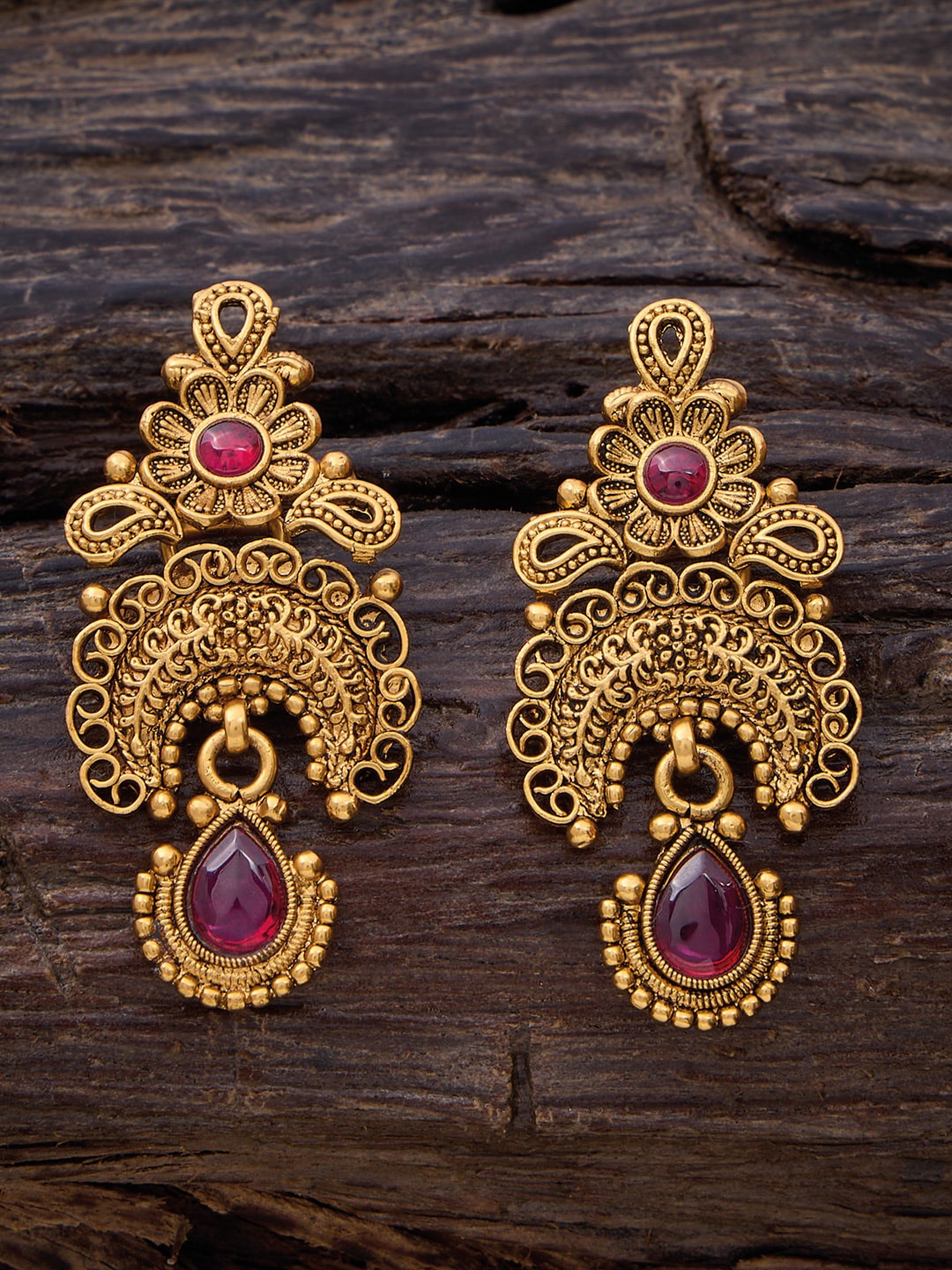 

Kushal's Fashion Jewellery Gold-Plated Antique Drop Earrings, Red