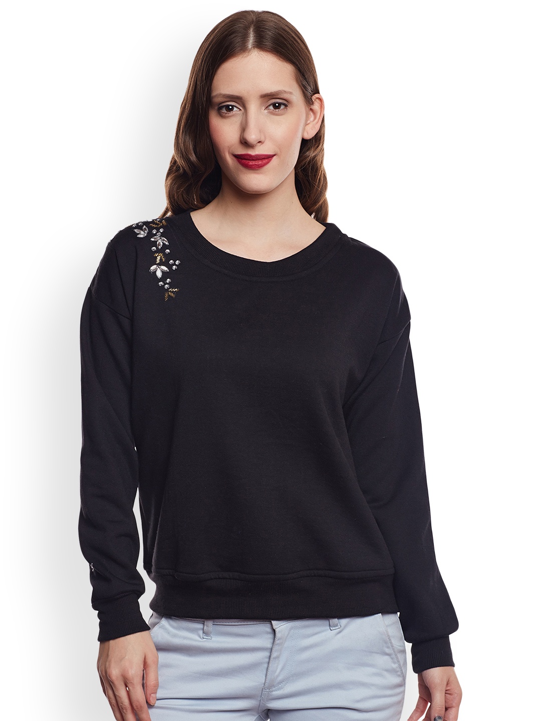 

Belle Fille Women Black Solid Sweatshirt