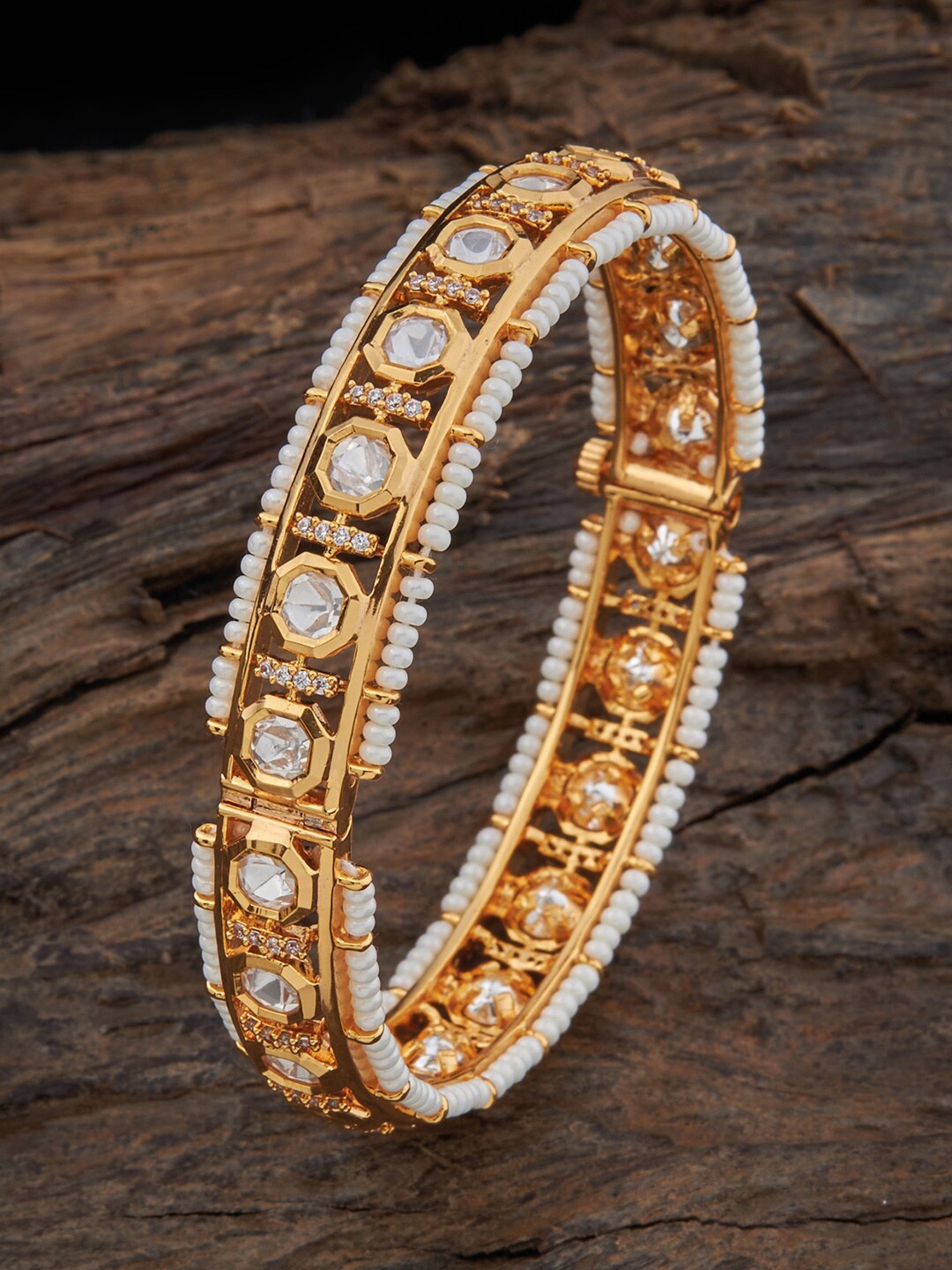 

Kushal's Fashion Jewellery Gold-Plated Kundan Studded & Beaded Bangle, White
