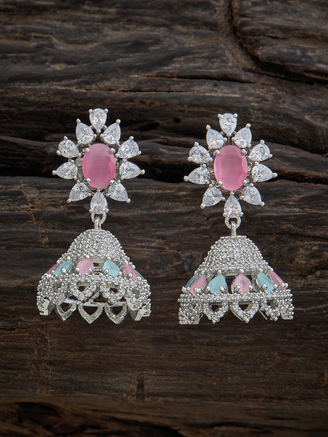 

Kushal's Fashion Jewellery Rhodium-Plated Classic Jhumkas Earrings, Pink