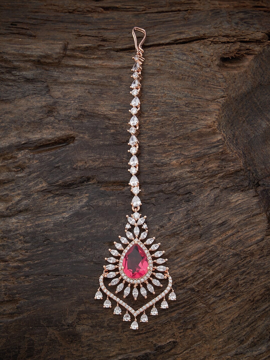 

Kushal's Fashion Jewellery Rose Gold-Plated AD-Studded Maangtika, Red
