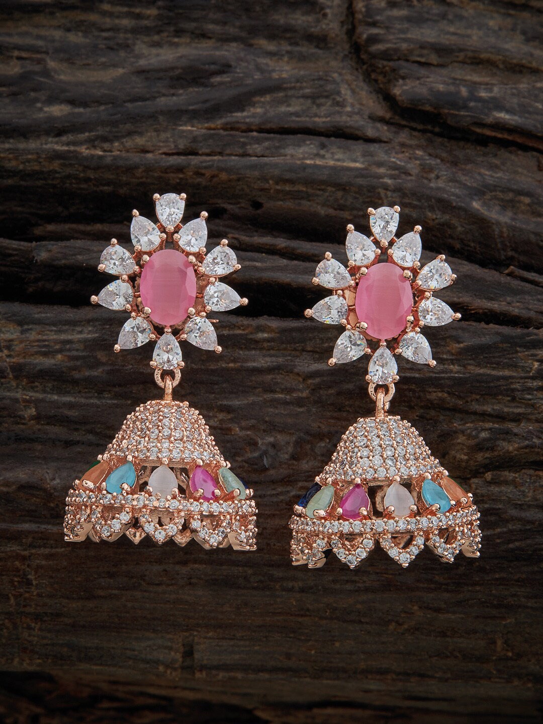 

Kushal's Fashion Jewellery Rose Gold Plated Cubic Zirconia Dome Shaped Jhumkas, Pink