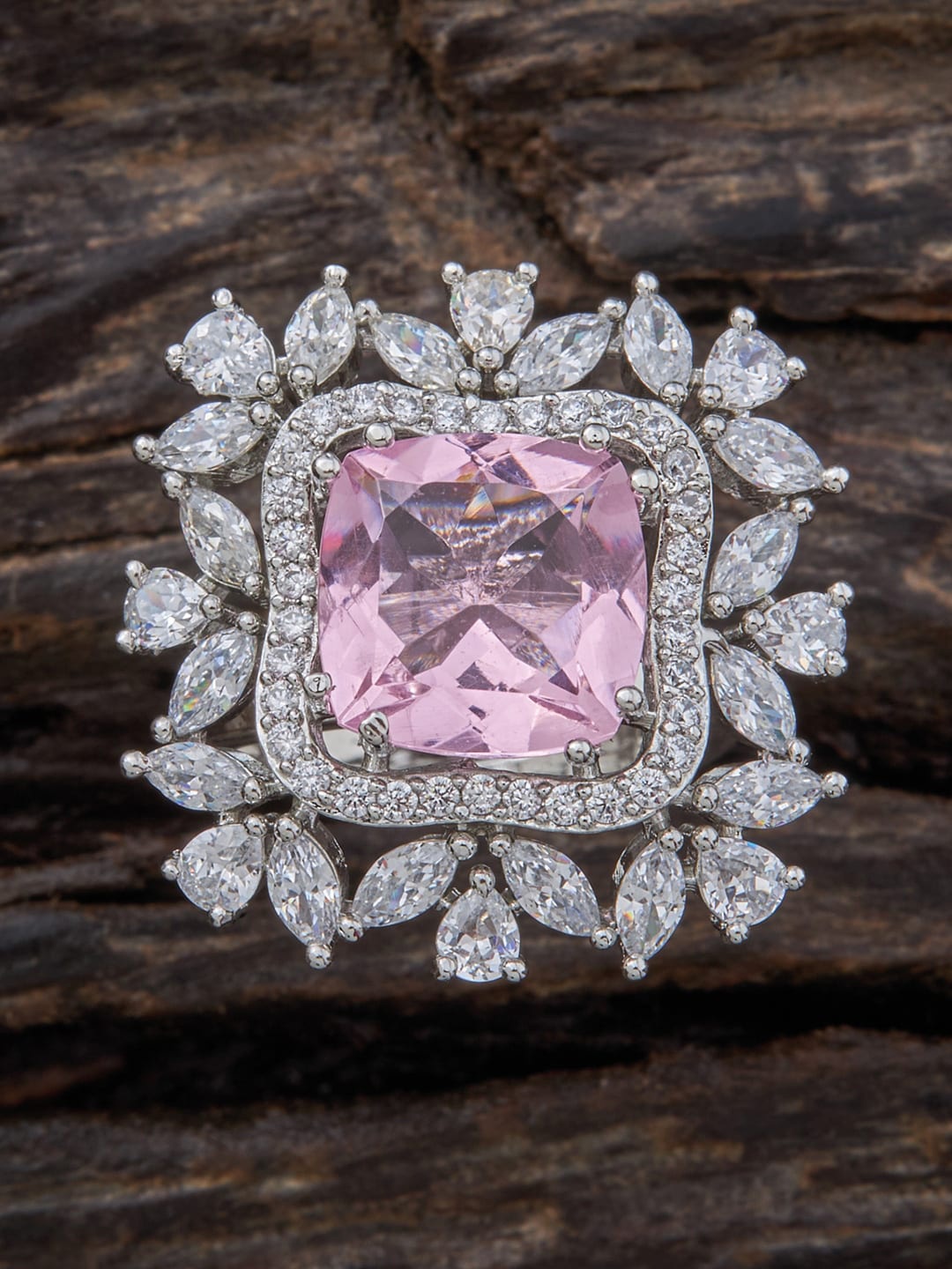

Kushal's Fashion Jewellery Rhodium Plated CZ Studded Finger Ring, Pink
