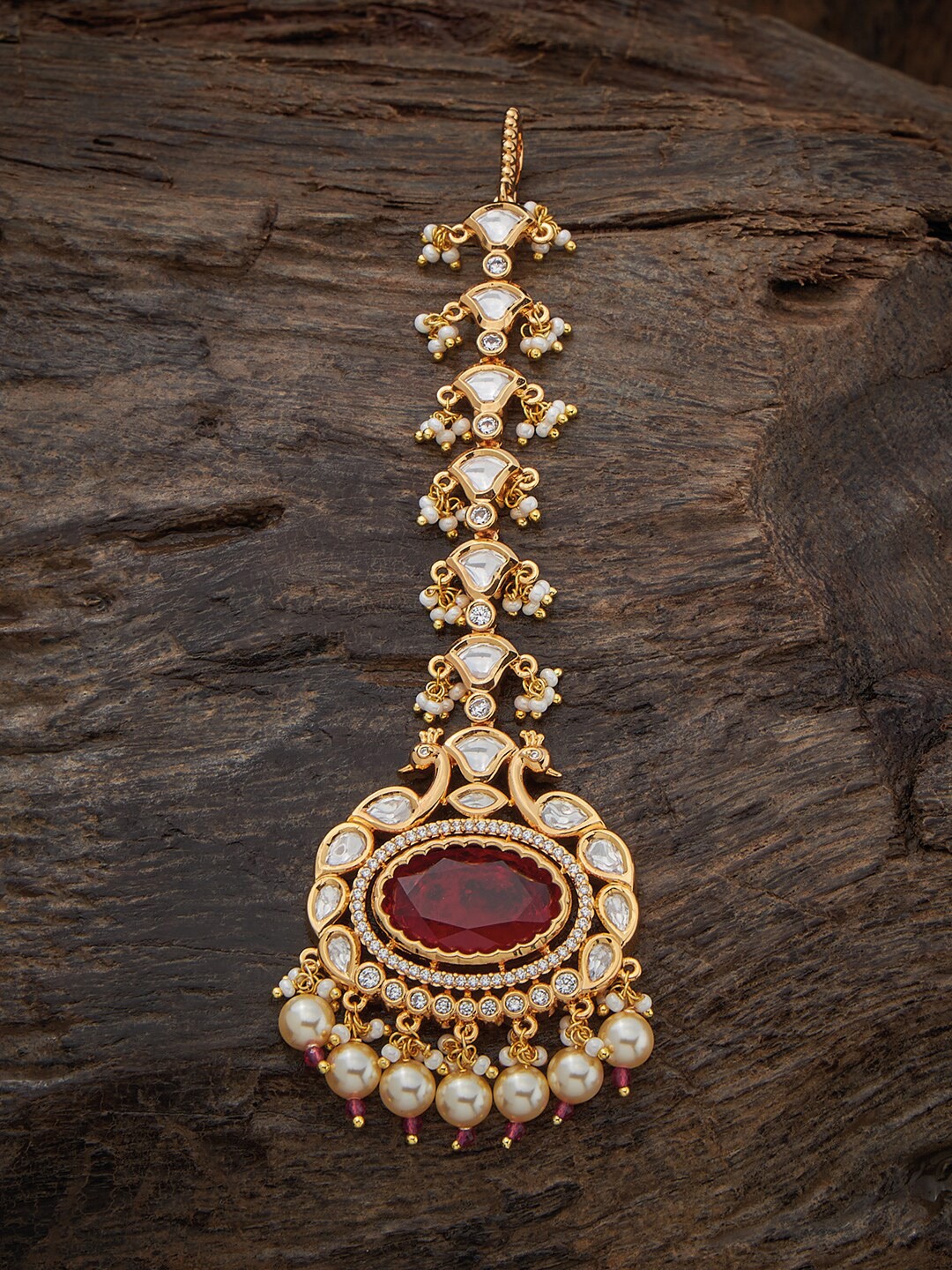 

Kushal's Fashion Jewellery Kundan Studded & Beaded Maang Tika, Red