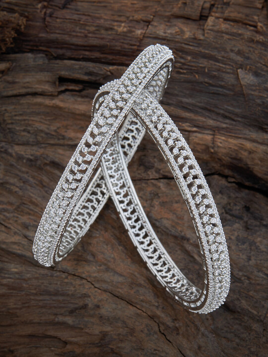 

Kushal's Fashion Jewellery Set of 2 Rhodium Plated White CZ-Stone Studded Bangles