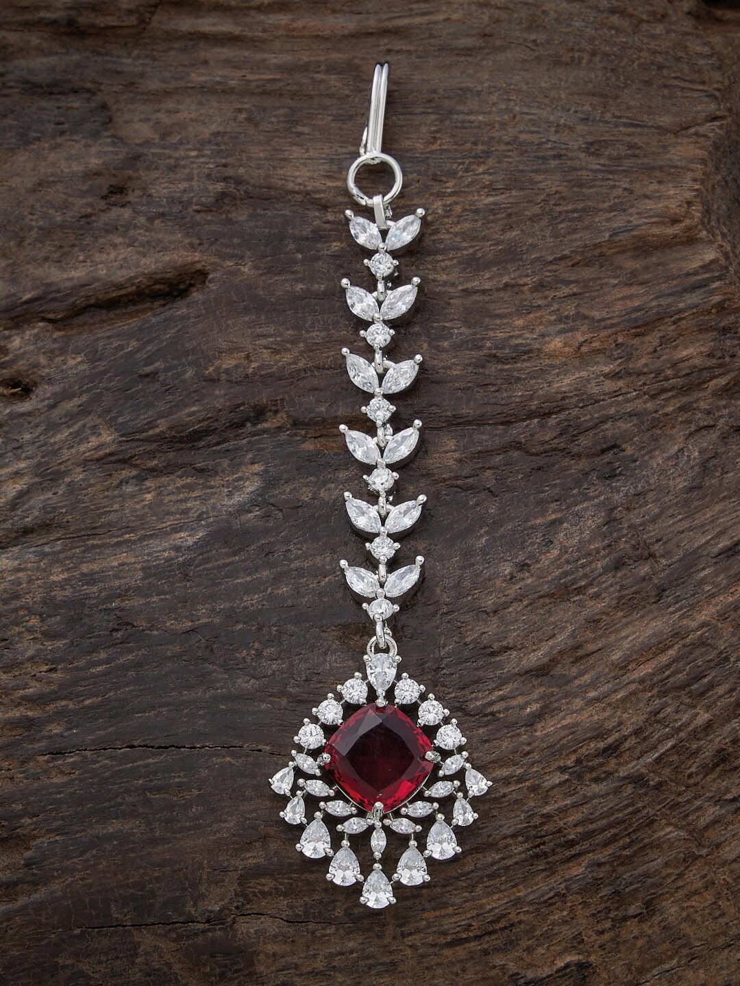 

Kushal's Fashion Jewellery Rhodium-Plated AD-Studded Maang Tikka, Red