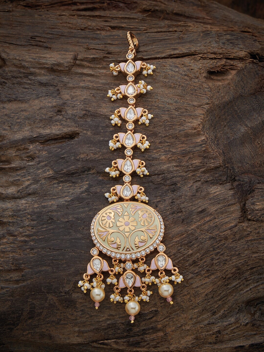 

Kushal's Fashion Jewellery White Kundan and Pearls Details Maang Tikka