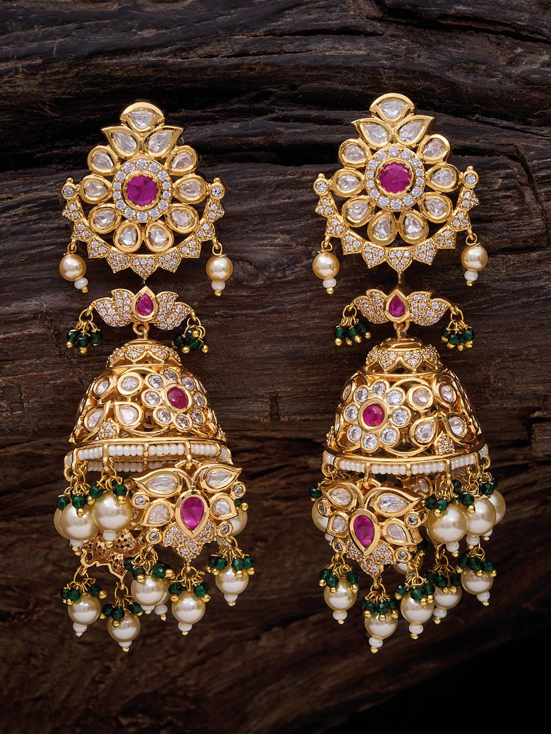 

Kushal's Fashion Jewellery Gold Plated Ruby & Kundan Dome Shaped Jhumkas, Red
