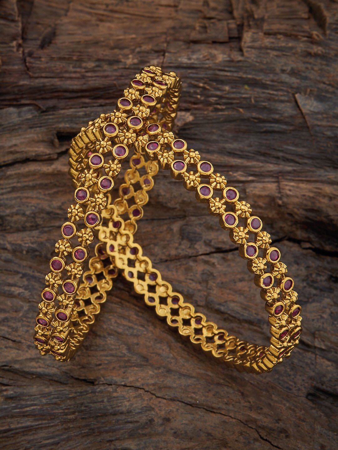 

Kushal's Fashion Jewellery Set Of 2 Gold-Plated Stone Studded Antique Bangles, Red