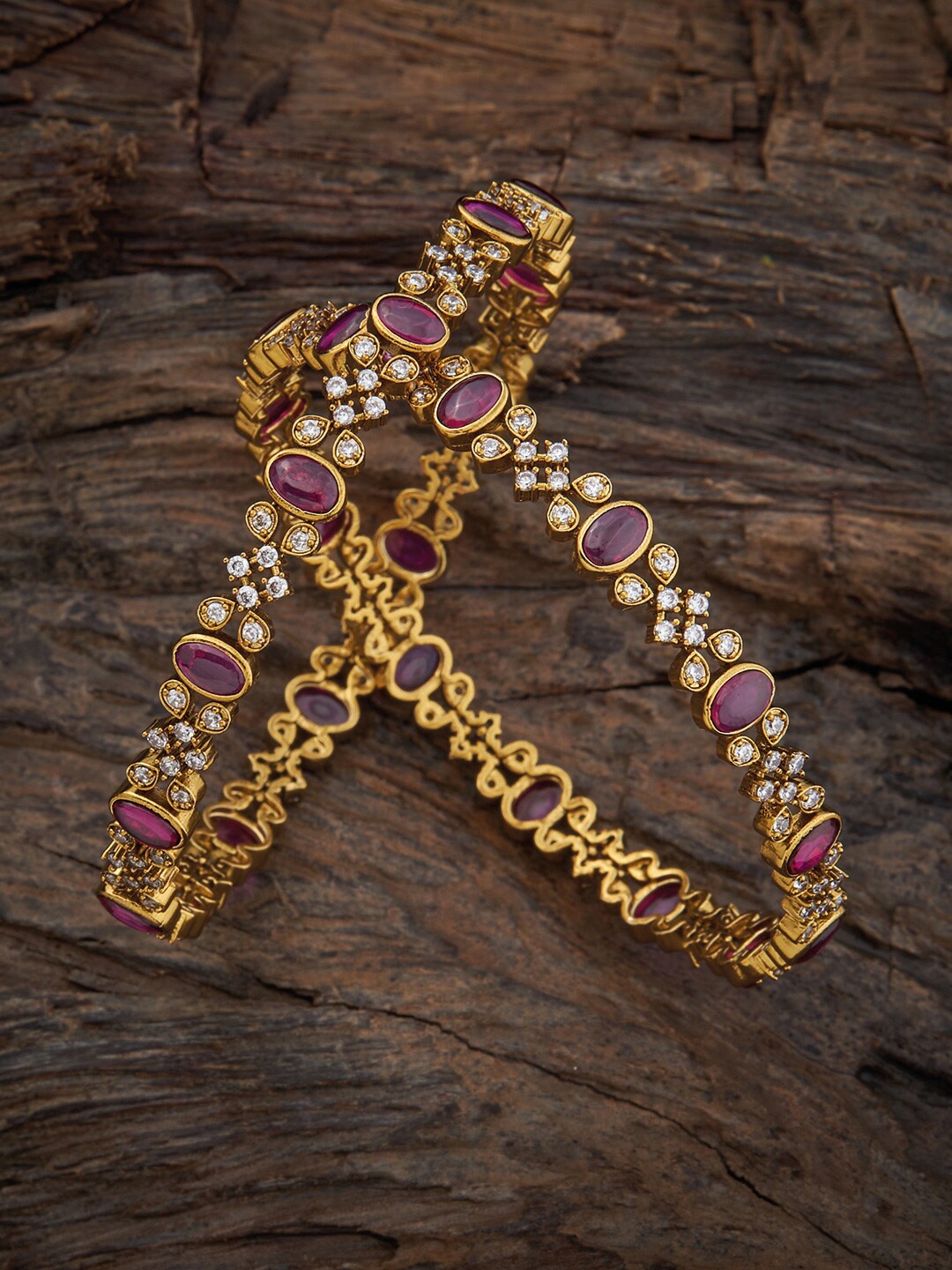 

Kushal's Fashion Jewellery Set of 2 Gold-Plated Stone-Studded Bangles, Red