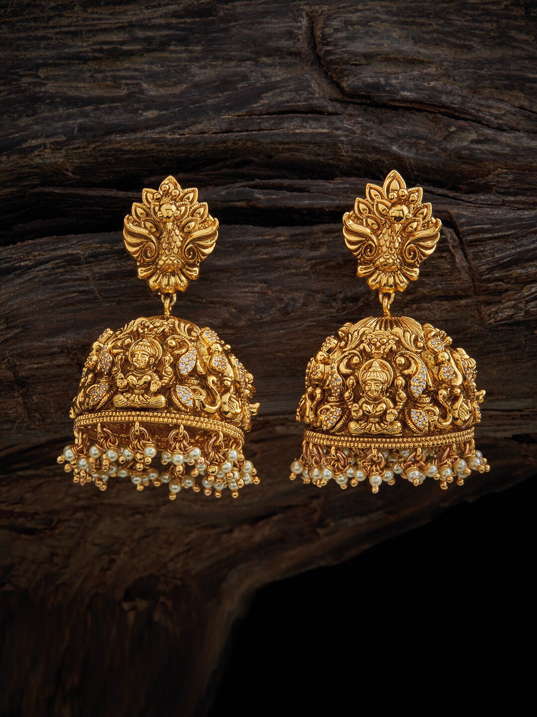 

Kushal's Fashion Jewellery Gold-Plated Dome Shaped Temple Jhumkas Earrings, White