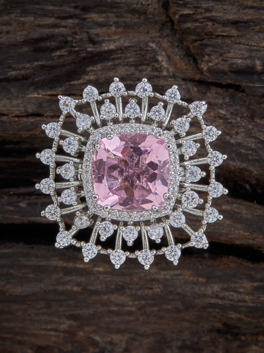 

Kushal's Fashion Jewellery Rhodium-Plated CZ Studded Finger Ring, Pink
