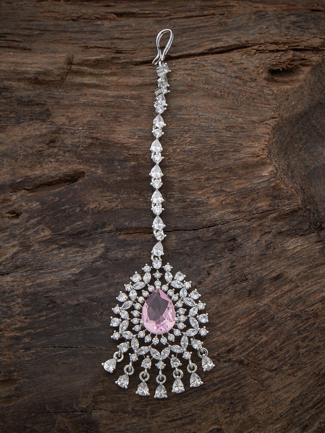 

Kushal's Fashion Jewellery Rhodium-Plated CZ Studded Maang Tikka, Pink