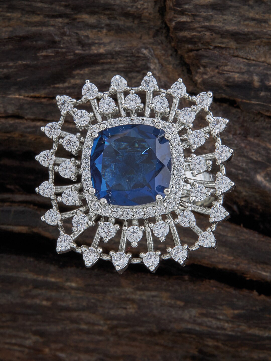 

Kushal's Fashion Jewellery Rhodium Plated Cubic Zirconia Studded Finger Ring, Blue