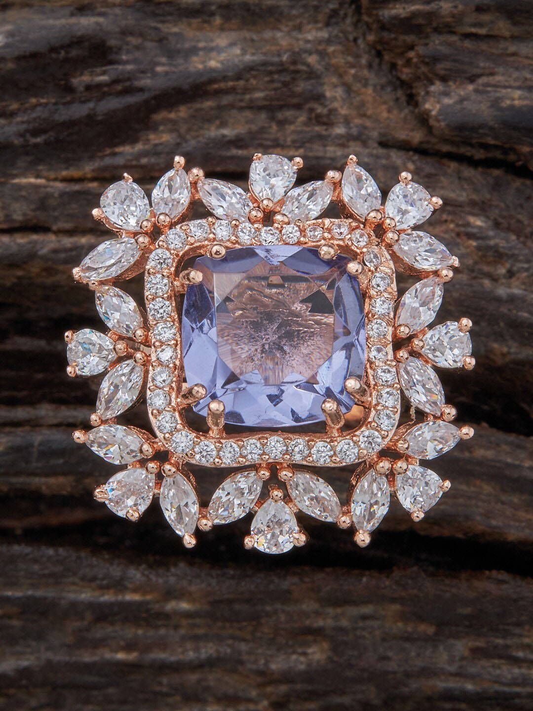 

Kushal's Fashion Jewellery Rose-Gold Plated Cubic Zirconia Studded Adjustable Finger Ring, Blue