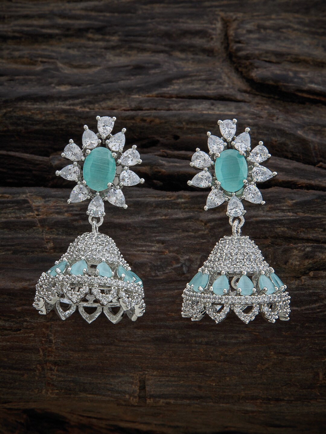 

Kushal's Fashion Jewellery Rhodium Plated Dome-Shaped Jhumkas Earrings, Sea green