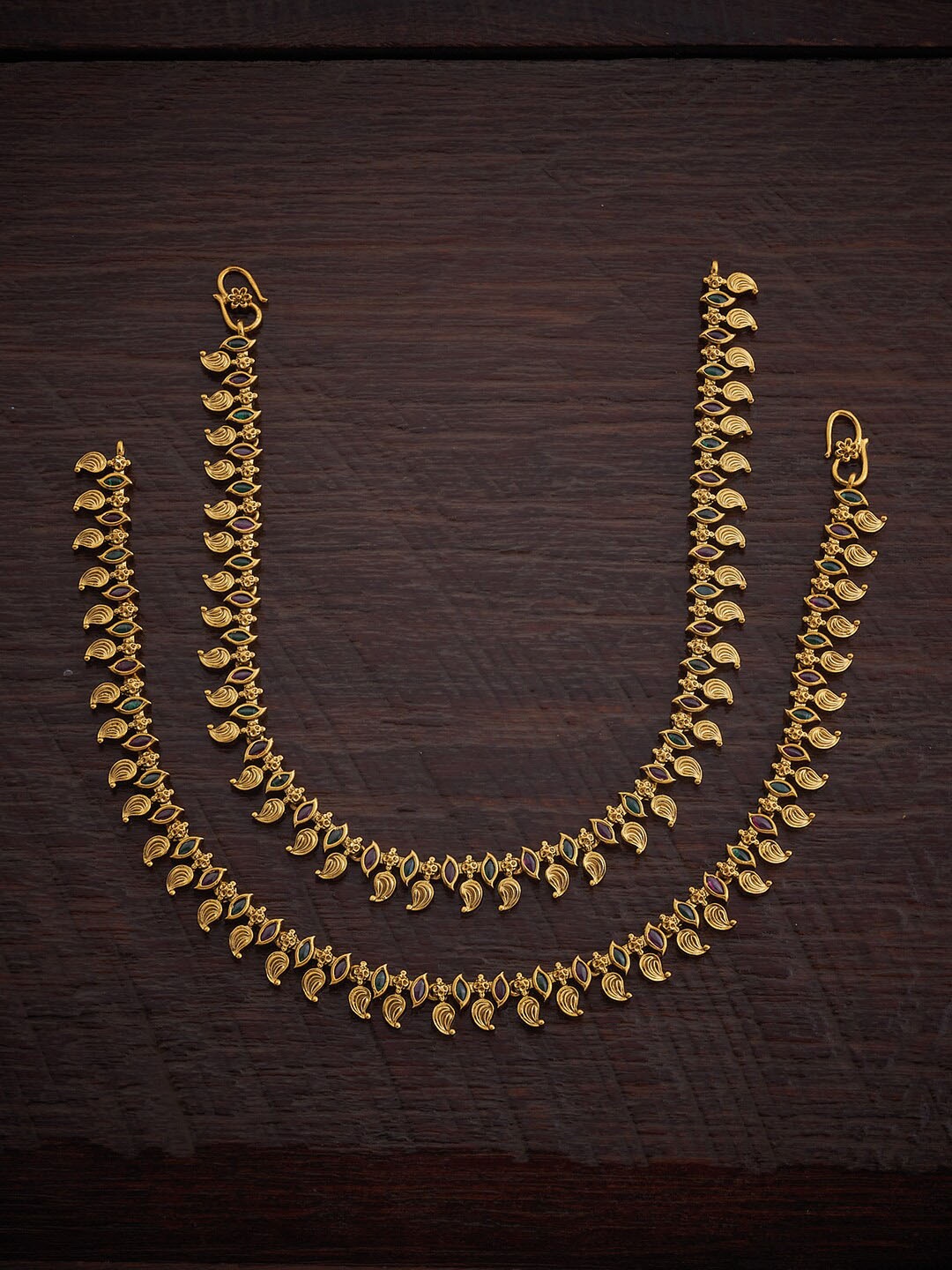 

Kushal's Fashion Jewellery Set Of 2 Gold-Plated Stone Studded Antique Anklets