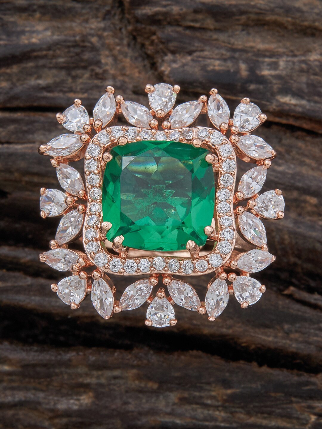 

Kushal's Fashion Jewellery Rose-Gold Plated CZ Studded Finger Ring, Green