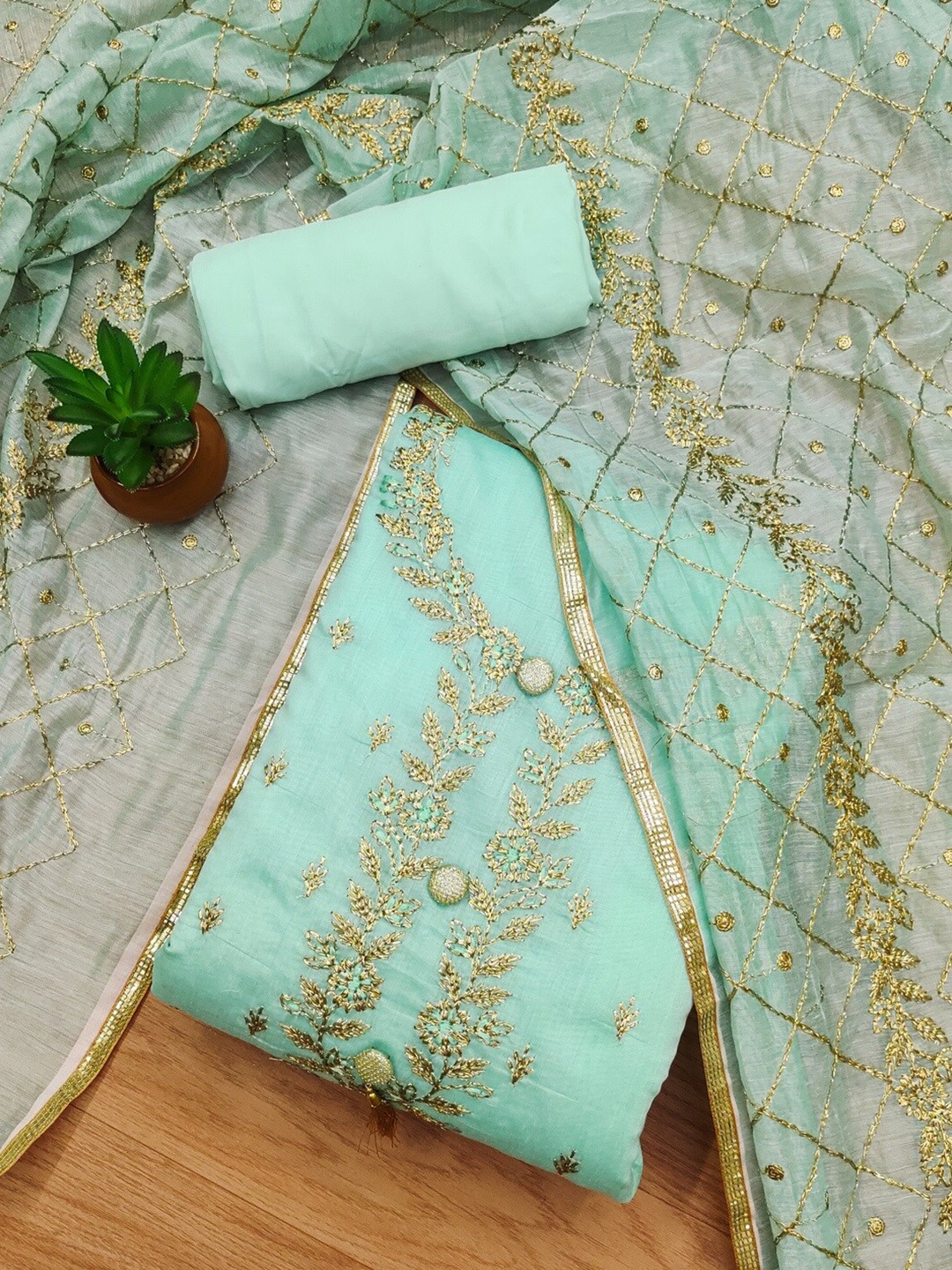 

KALINI Embroidered Zari Art Silk Unstitched Dress Material, Sea green