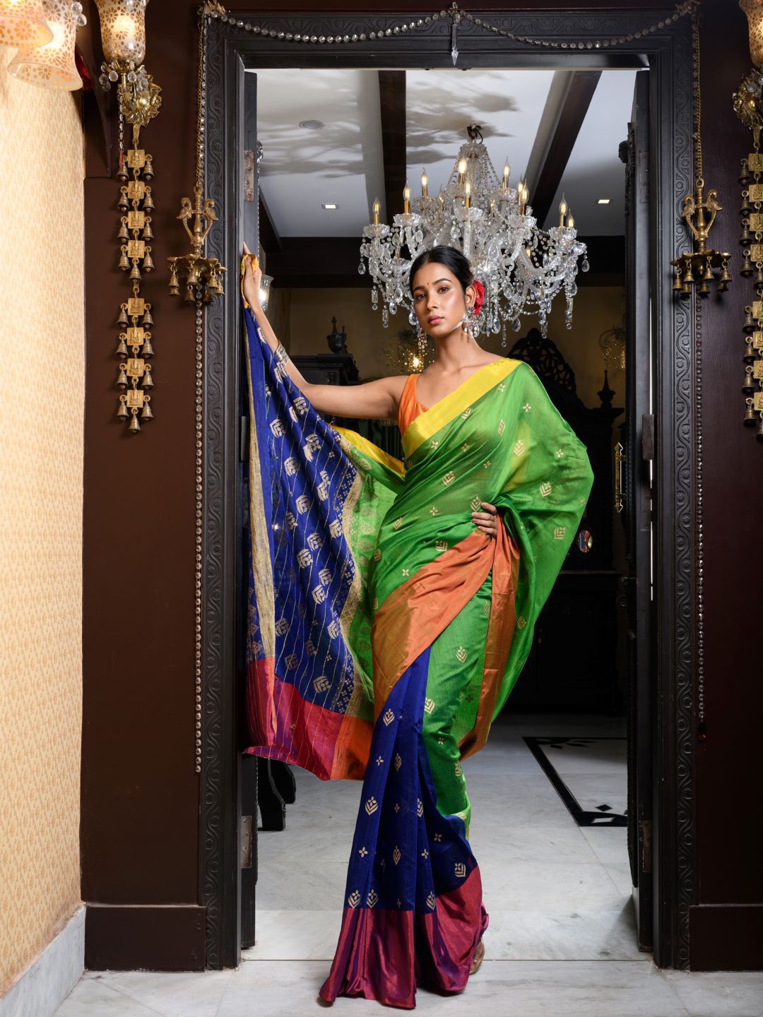 

HERE&NOW Ethnic Motifs Printed Block Print Saree, Green