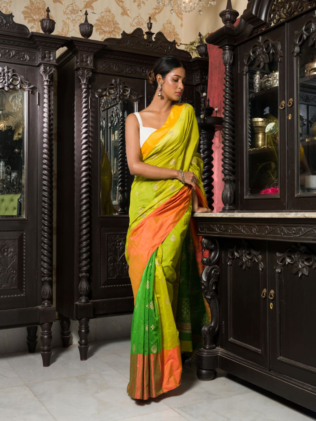 

HERE&NOW Ethnic Motifs Block Print Saree, Green