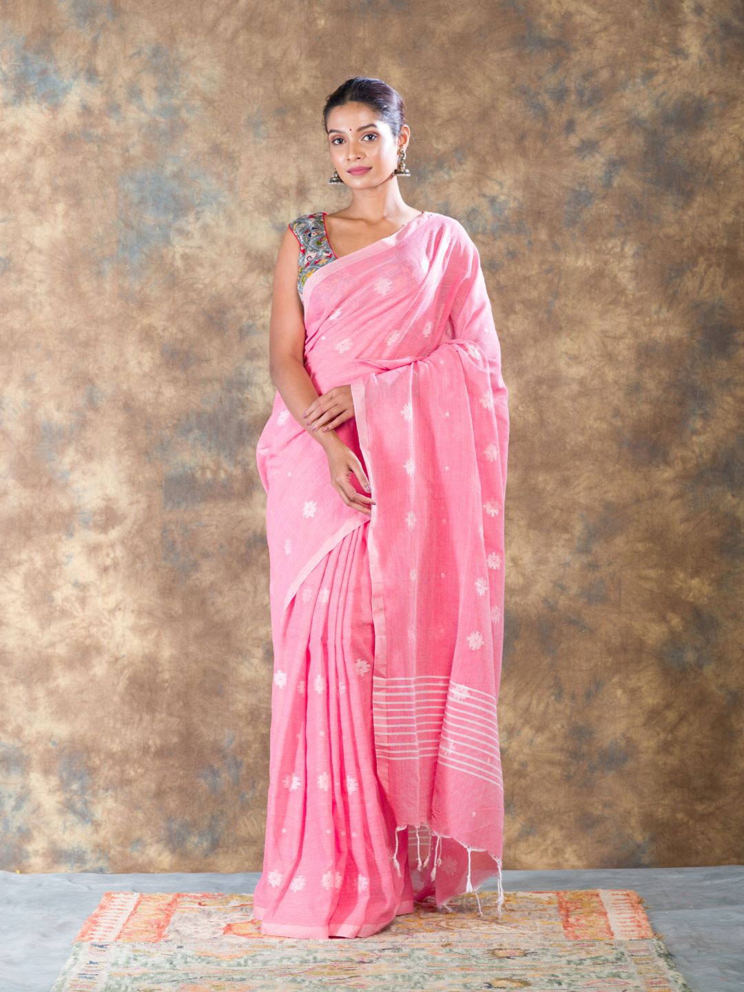 

HERE&NOW Ethnic Motif Woven Design Zari Pure Cotton Saree, Pink