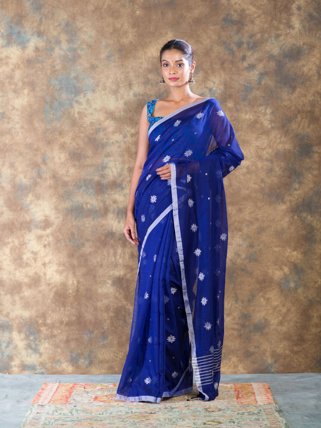 

HERE&NOW Ethnic Motifs Woven Design Zari Pure Cotton Saree, Blue