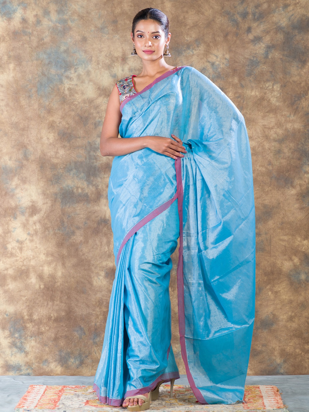 

HERE&NOW Linen Blend Saree With Tassel, Blue