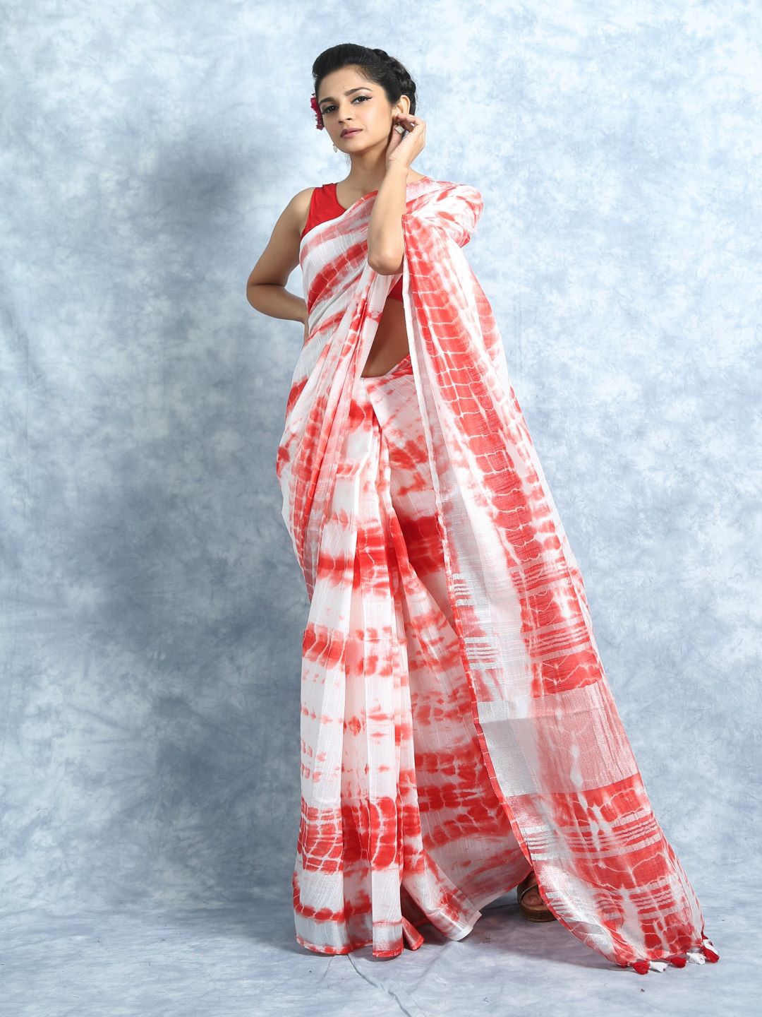 

HERE&NOW Tie and Dye Linen Cotton Bhagalpuri Saree, Orange