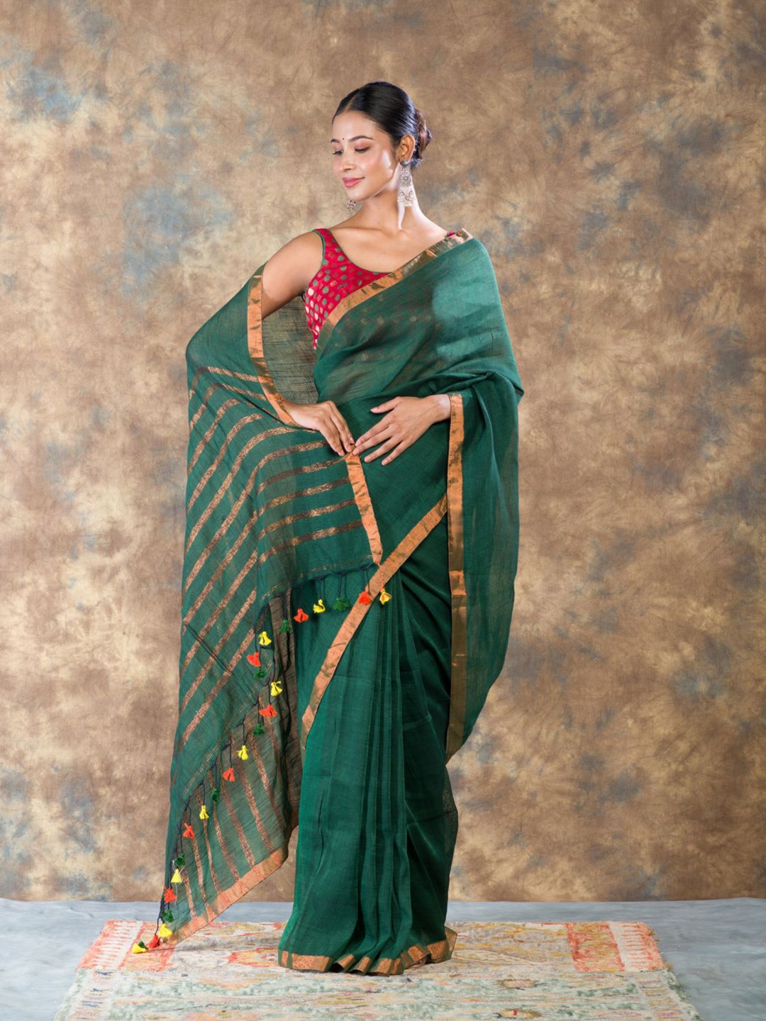 

HERE&NOW Zari Pure Linen Saree, Green