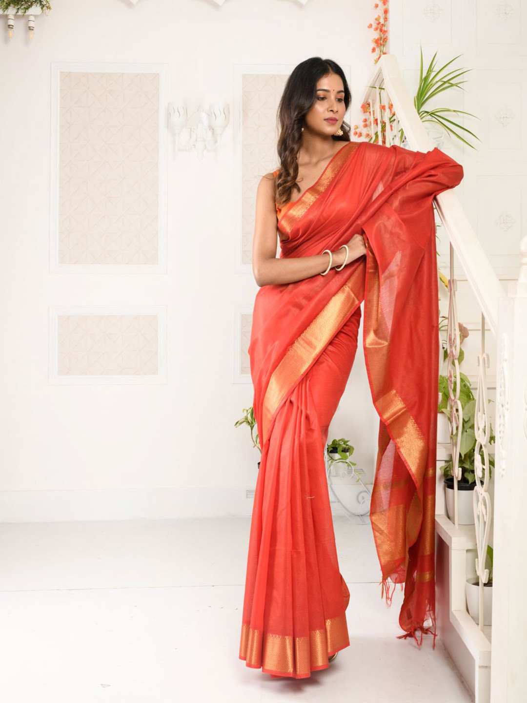 

HERE&NOW Zari Maheshwari Saree With Tassel, Coral