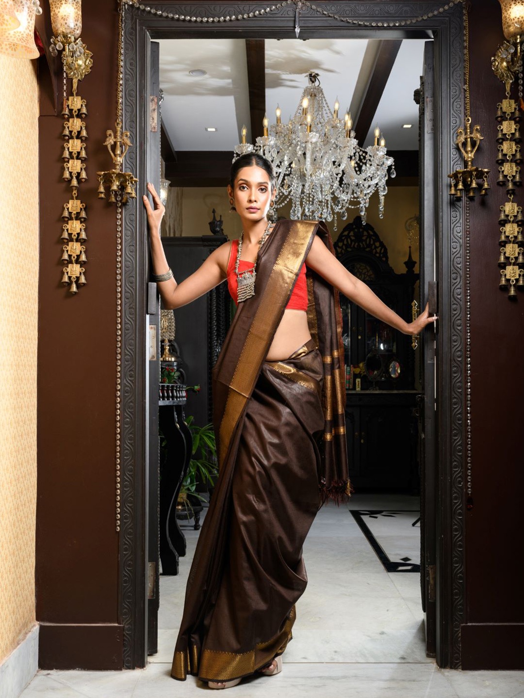 

HERE&NOW Zari Maheshwari Saree, Coffee brown