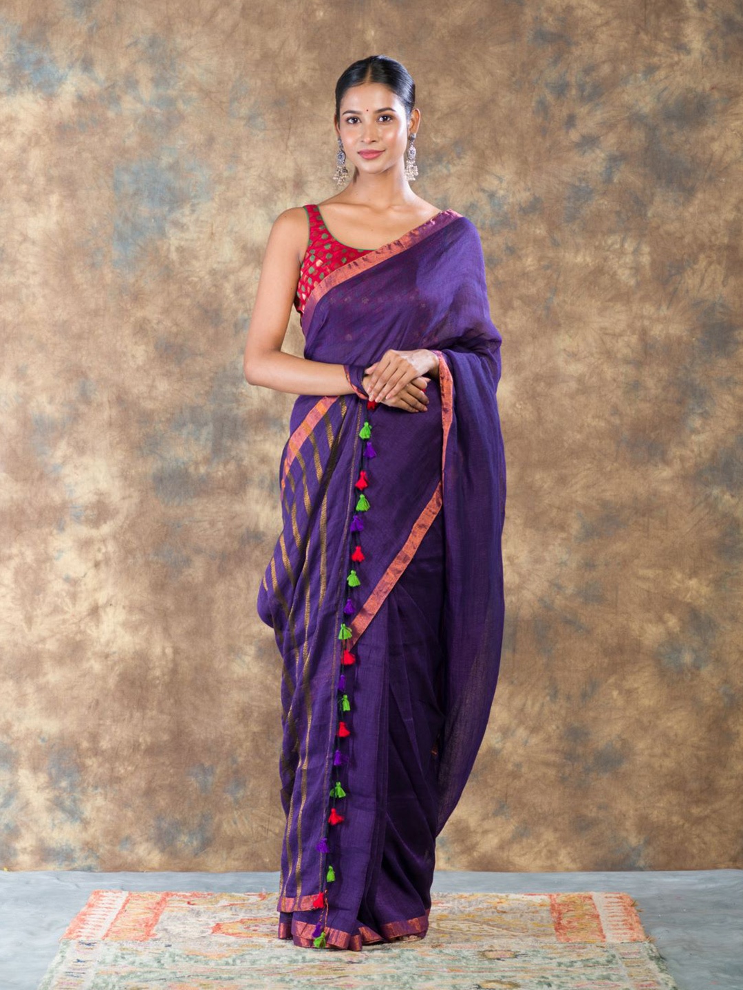 

HERE&NOW Zari Pure Linen Saree, Purple