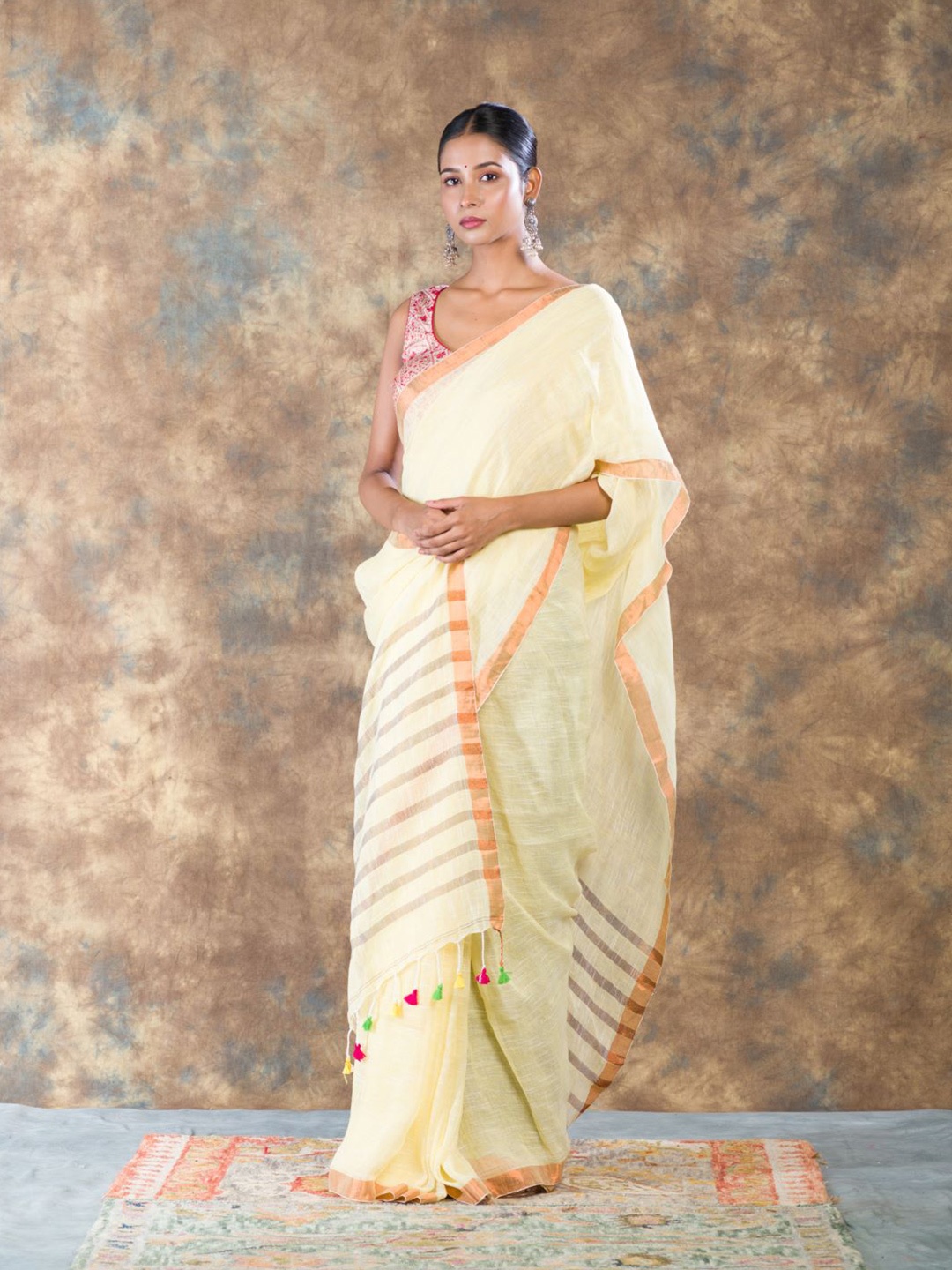 

HERE&NOW Zari Pure Linen Saree, Cream