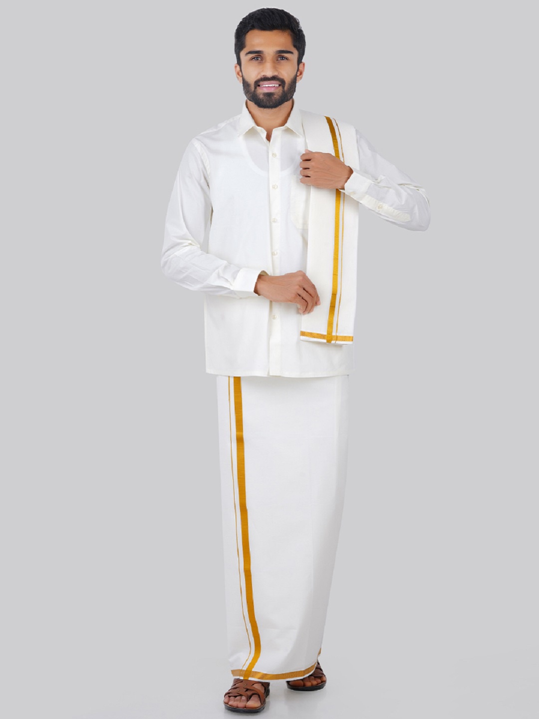 

Ramraj Men Cotton Shirt With Veshti And Towel Set, Cream