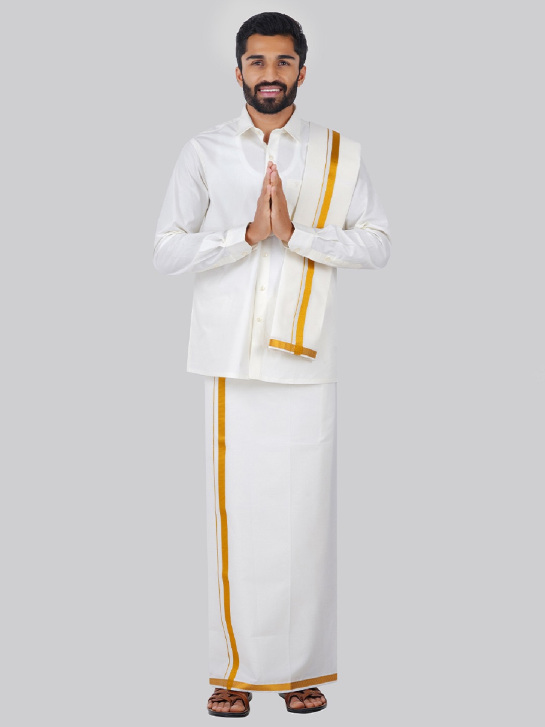 

Ramraj Pure Cotton Shirt With Veshti & Dupatta, Cream