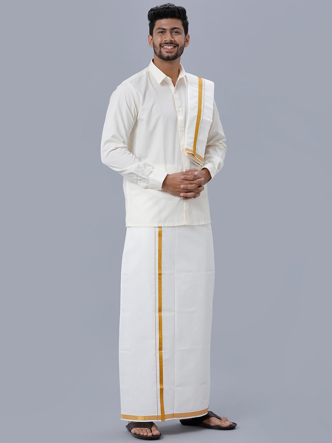 

Ramraj Cotton Shirt With Dhoti and Towel, White