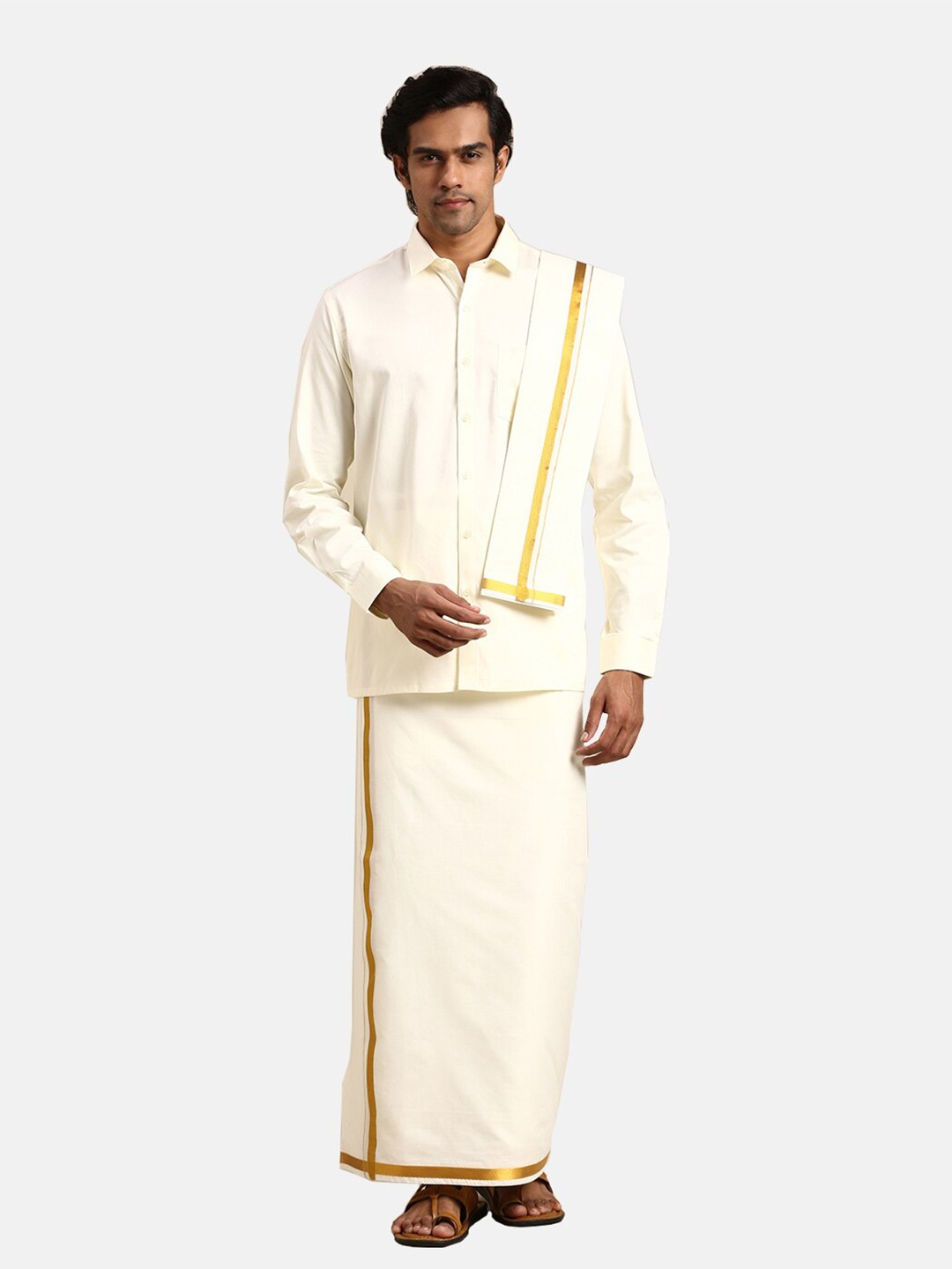 

Ramraj Men Cotton Shirt With Veshti And Towel Set, Cream