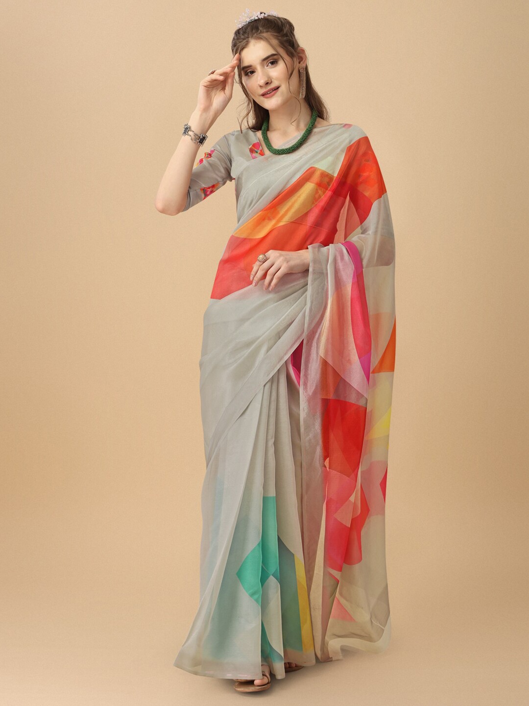 

Sangria Absract Printed Organza Saree, Grey