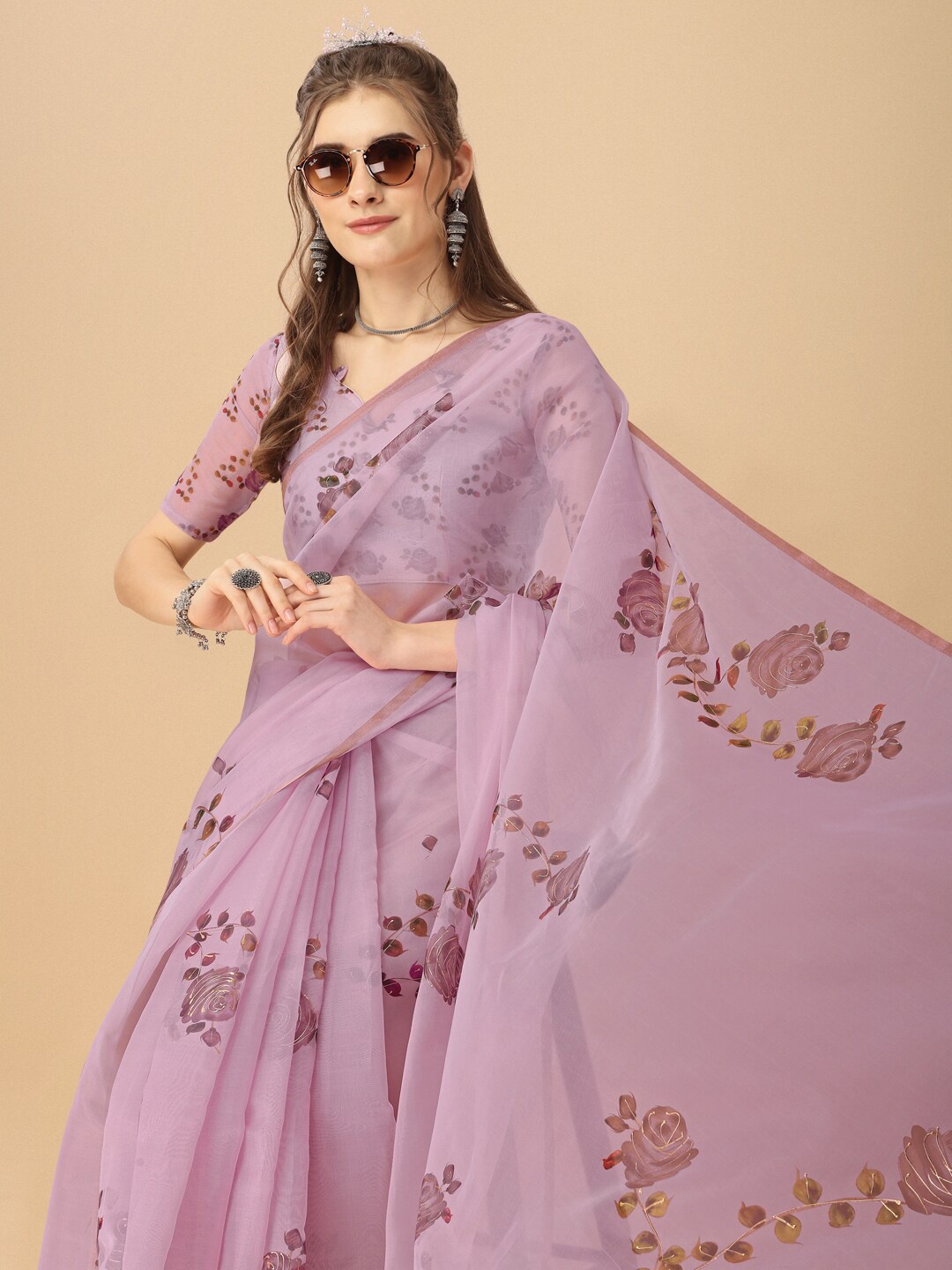 

Sangria Floral Printed Organza Saree, Lavender