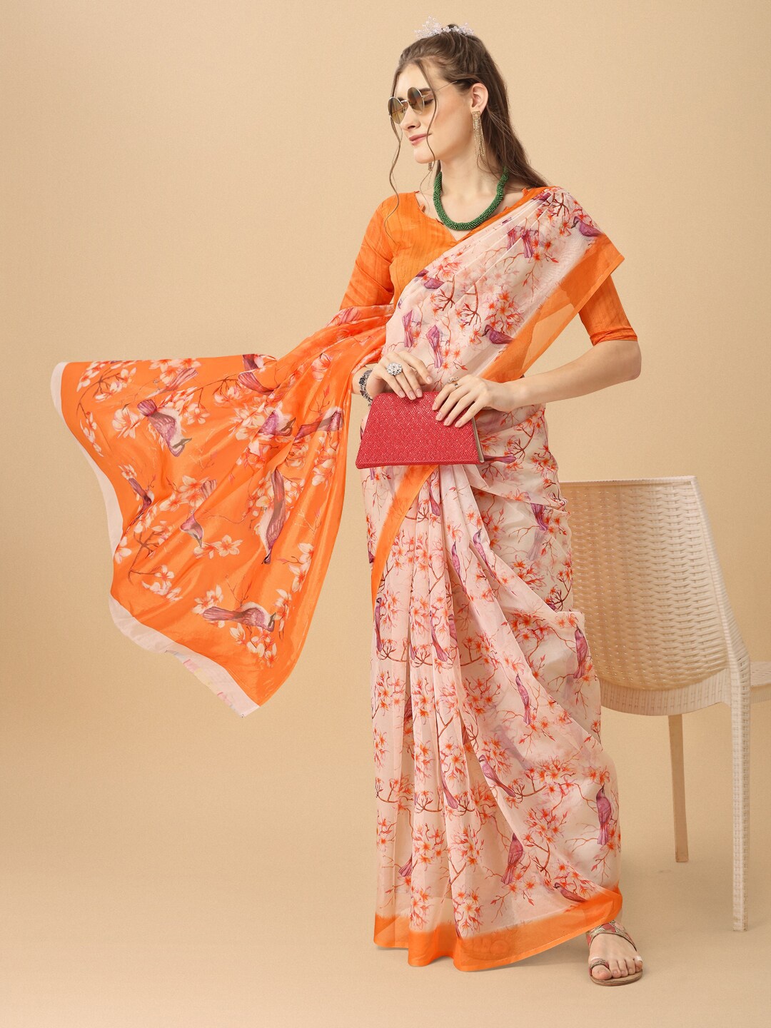 

Sangria Floral Printed Organza Saree, Orange