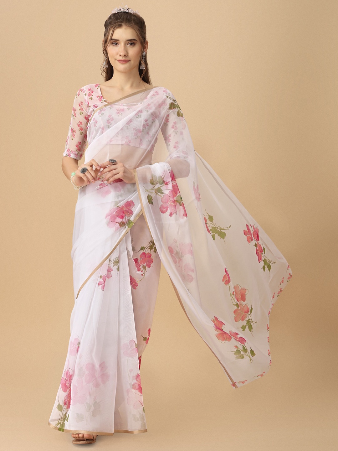 

Sangria Floral Printed Organza Saree, White