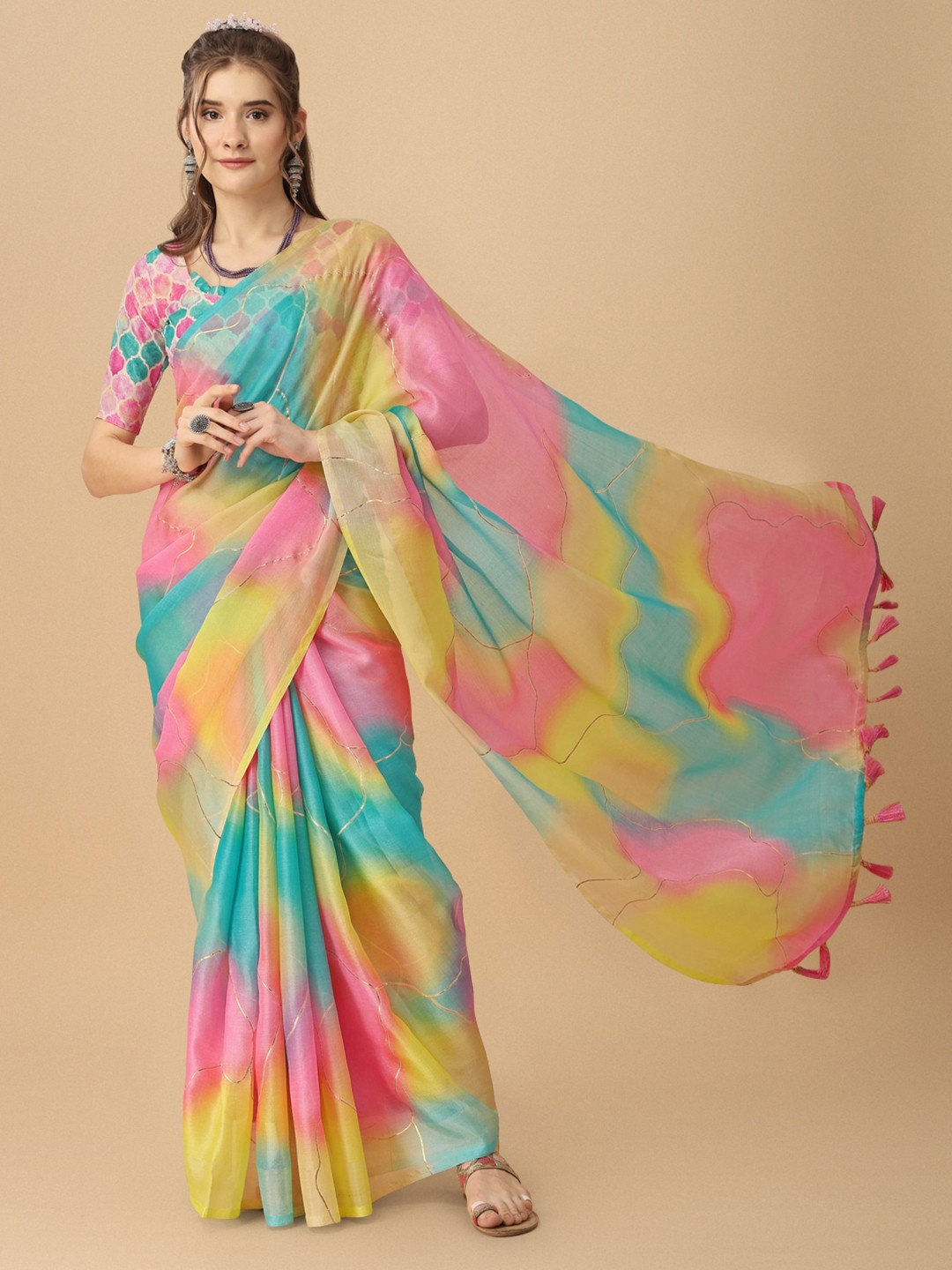 

Sangria Colorblocked Printed Organza Saree With Tassel, Pink