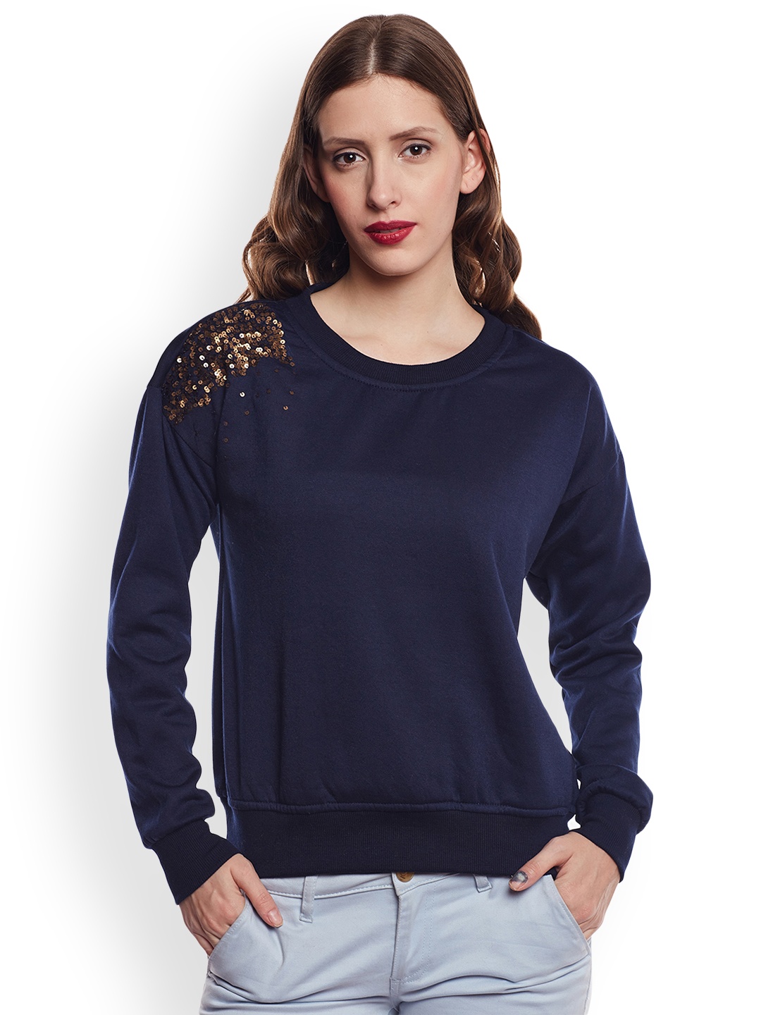 

Belle Fille Women Navy Blue Solid Sweatshirt