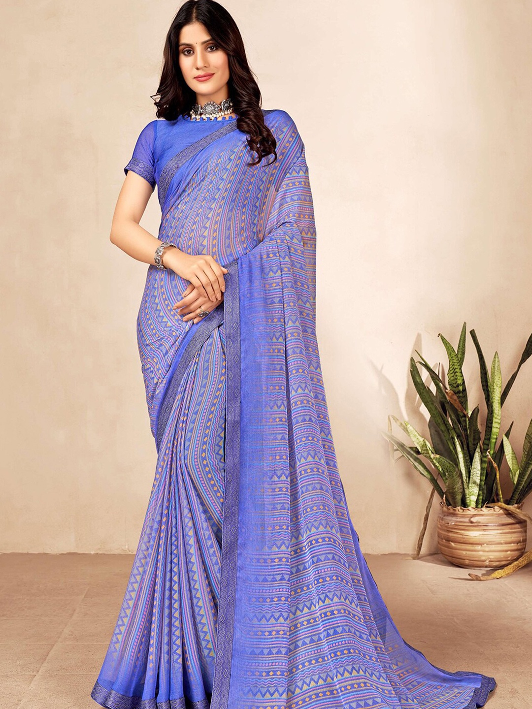 

Kasak Geometric Printed Block Print Saree, Blue