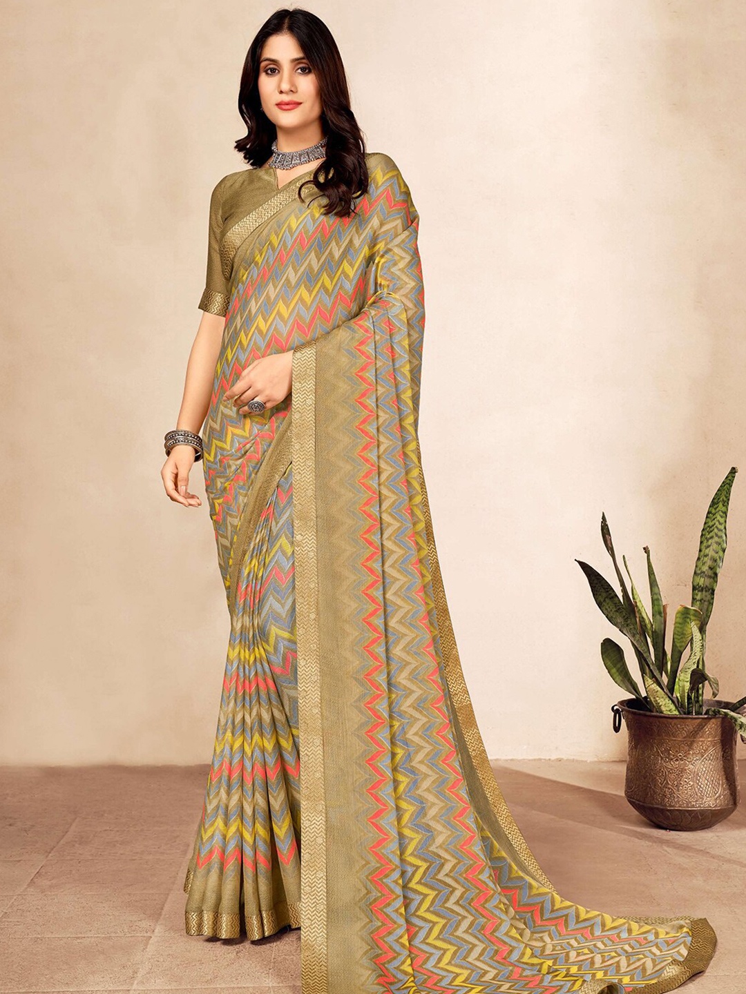 

Kasak Chevron Printed Zari Saree, Camel brown