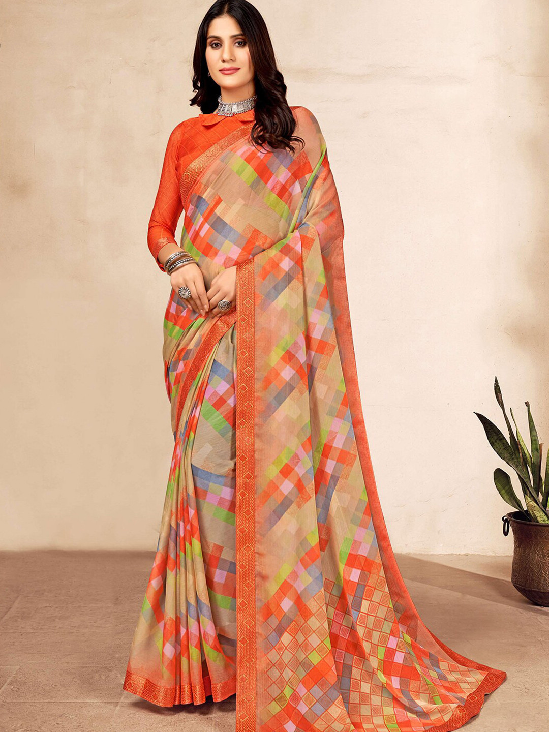 

Kasak Colorblocked Poly Chiffon Block Print Saree, Orange