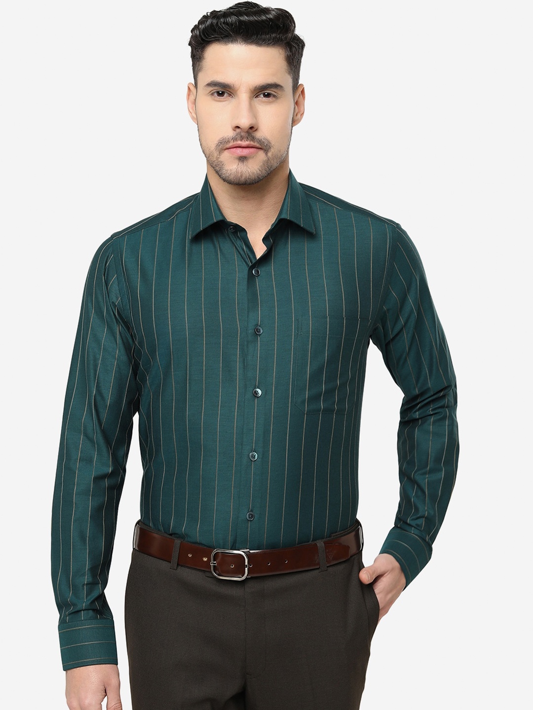 

JADE BLUE Slim Fit Striped Cotton Formal Shirt, Green
